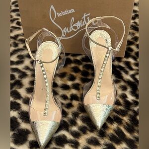 Brand New Christian Louboutin Gold Nosy Spiked Heels. Size 9 with Box & Dustbag